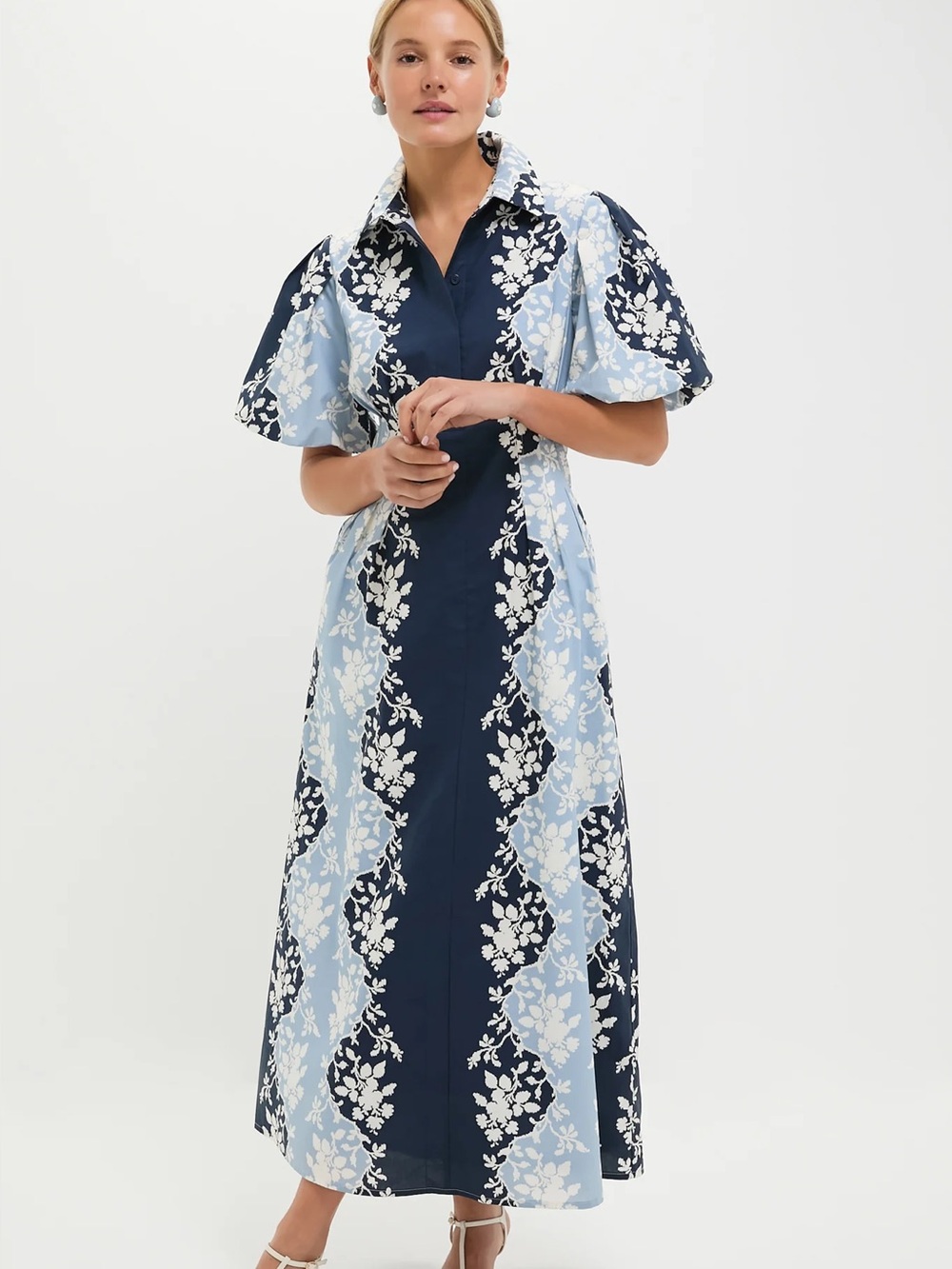 Button-Front Floral Panel Maxi Dress in Navy Light Blue tuckernuck Delaney dress